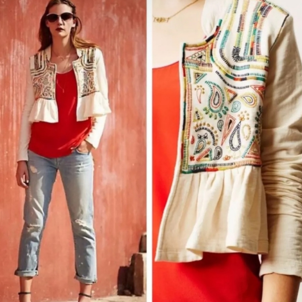 Anthropologie Lilka Beige Embroidered Bodice Long Sleeve Peplum Valle Jacket S